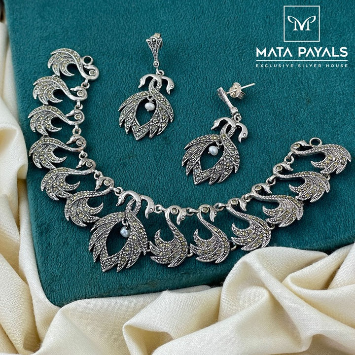Attractive Marcasite Duck Silver Oxidised Necklace Set