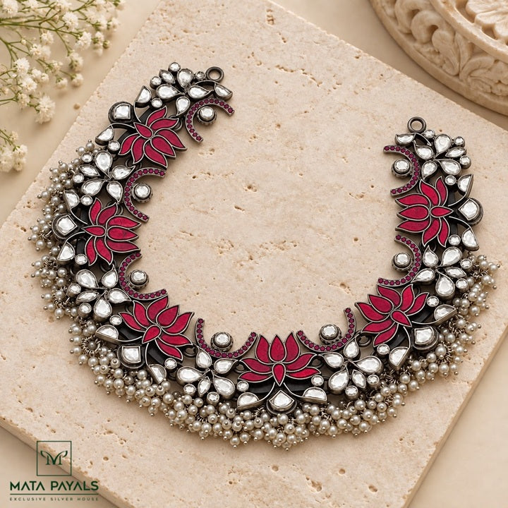 Mesmerizing Lotus Pearly Oxidised Necklace