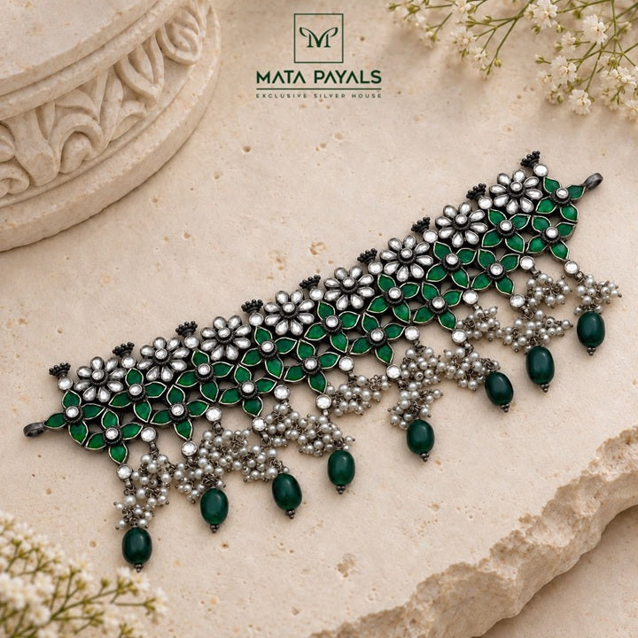 Astonishing Kundan Mandala Green Oxidised Choker