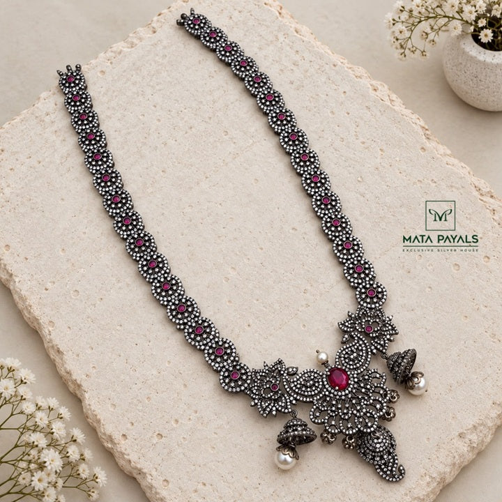 Gorgeous Zircon Oxidised Jhumki Necklace