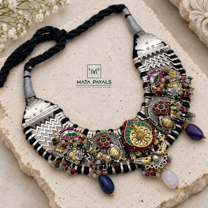 Heavily Intriguing Tribal Design Dual Tone Necklace