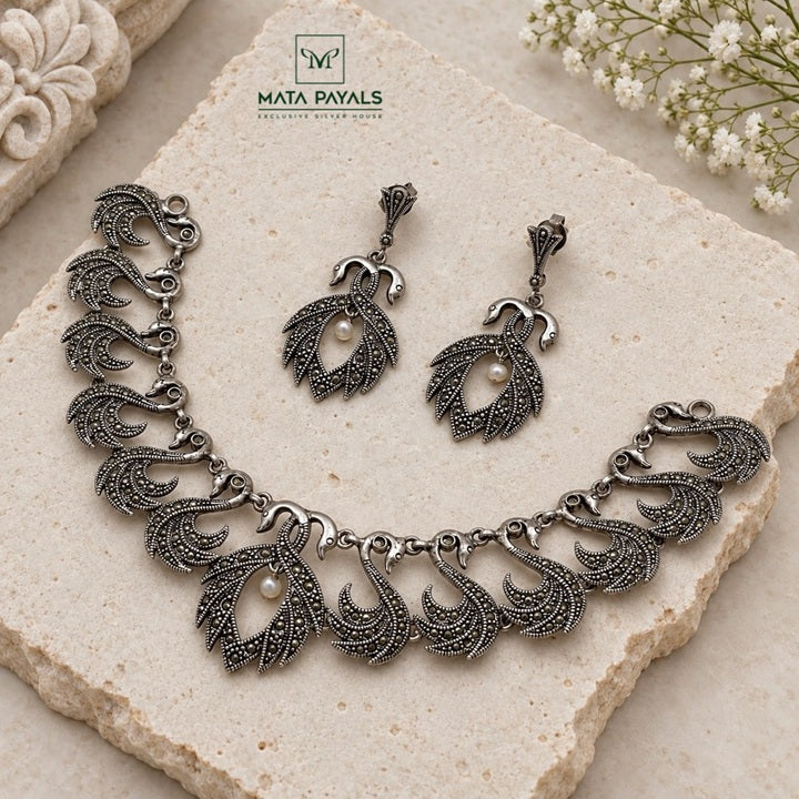 Attractive Marcasite Duck Silver Oxidised Necklace Set