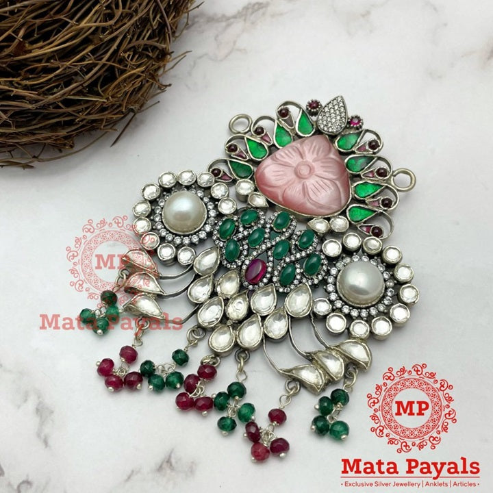 Beautiful Rose Quartz Kundan Oxidised Pendant