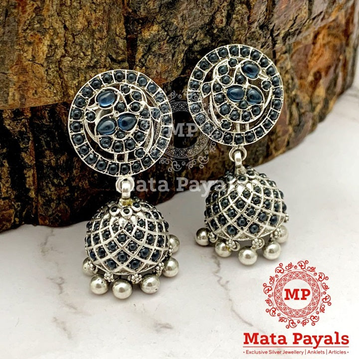 Blissful Blue Peacock Oxidised Jhumka