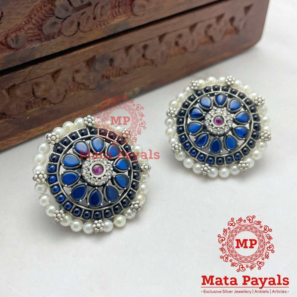 Blue Stunning Flower Oxidised Stud