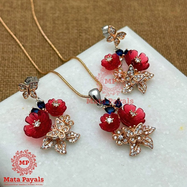 Colourful Butterfly Floral Rose Gold Pendant Set