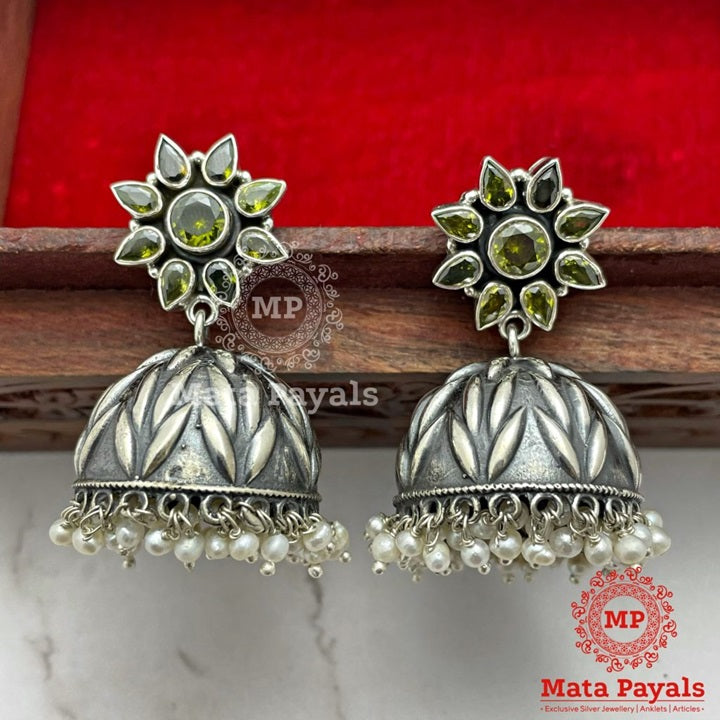 Compelling Floral Tracery Oxidised Jhumka