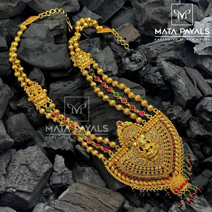 Conspicuous Maa Lakshmi Carved Silver Beaded Necklace