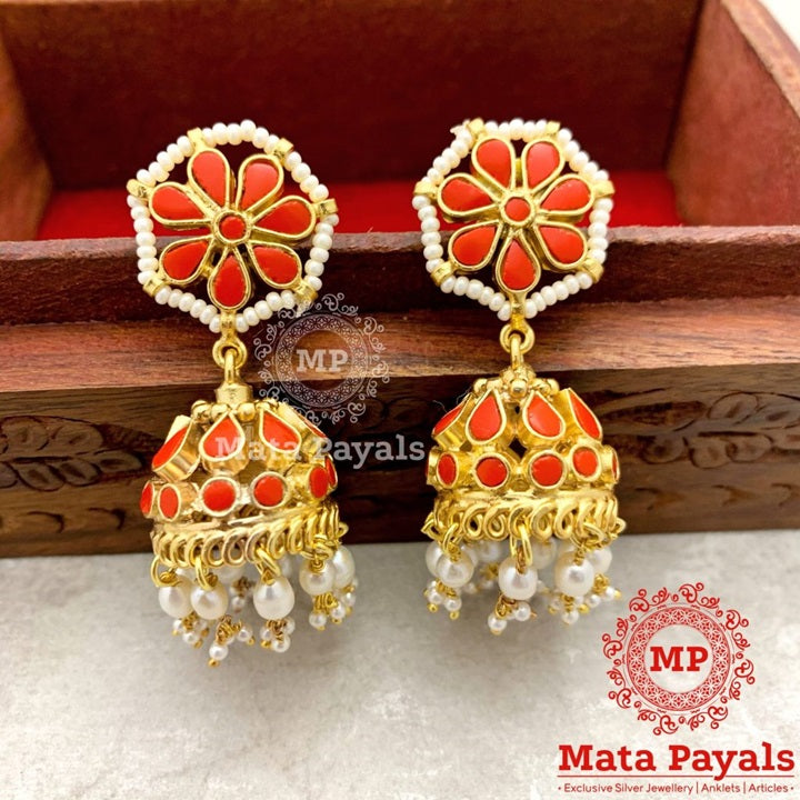 Coral Pearl Floral Jhumka