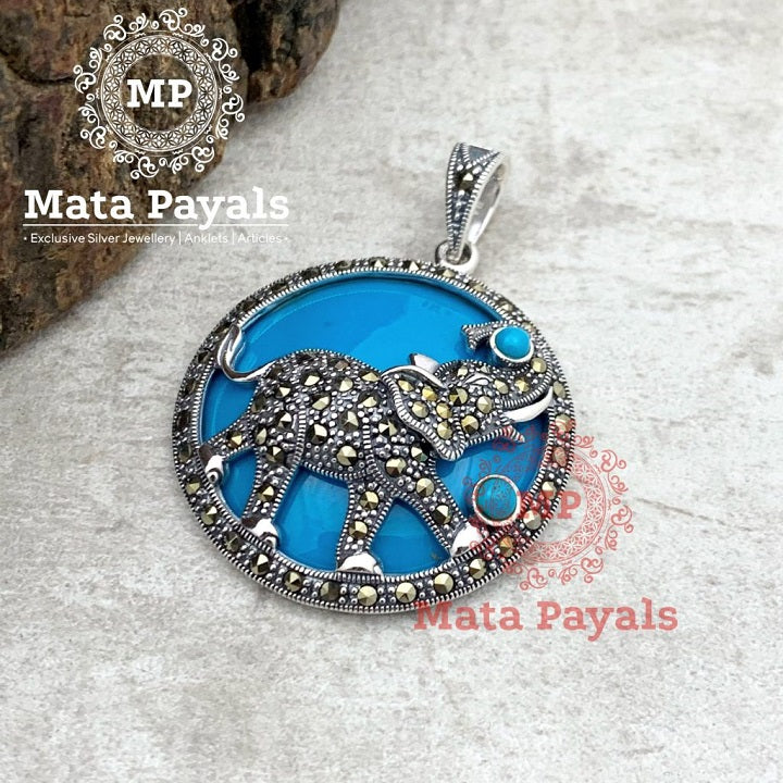 Cute Elephant Turquoise Marcasite Pendant