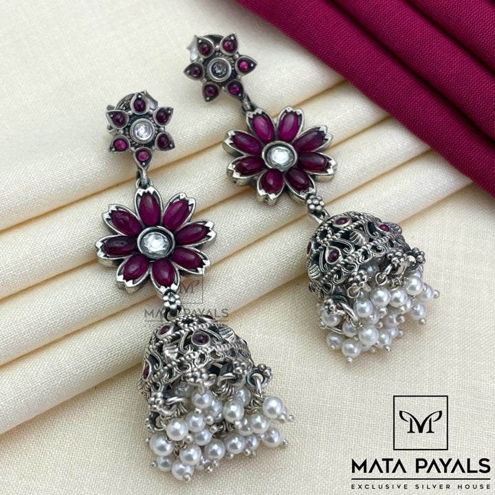 Delightful Floret Oxidised Jhumka