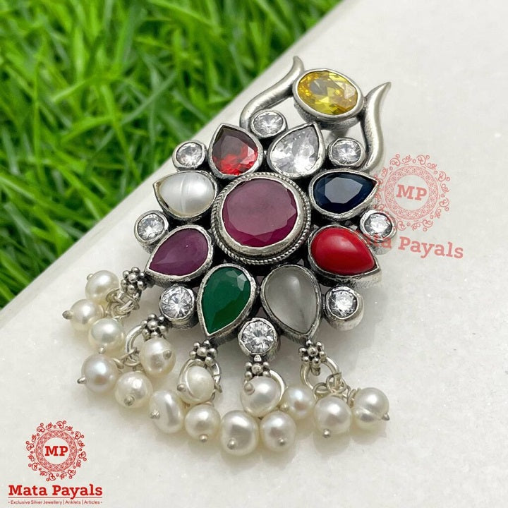 Electrifying Navrathan Silver Oxidised Pendant