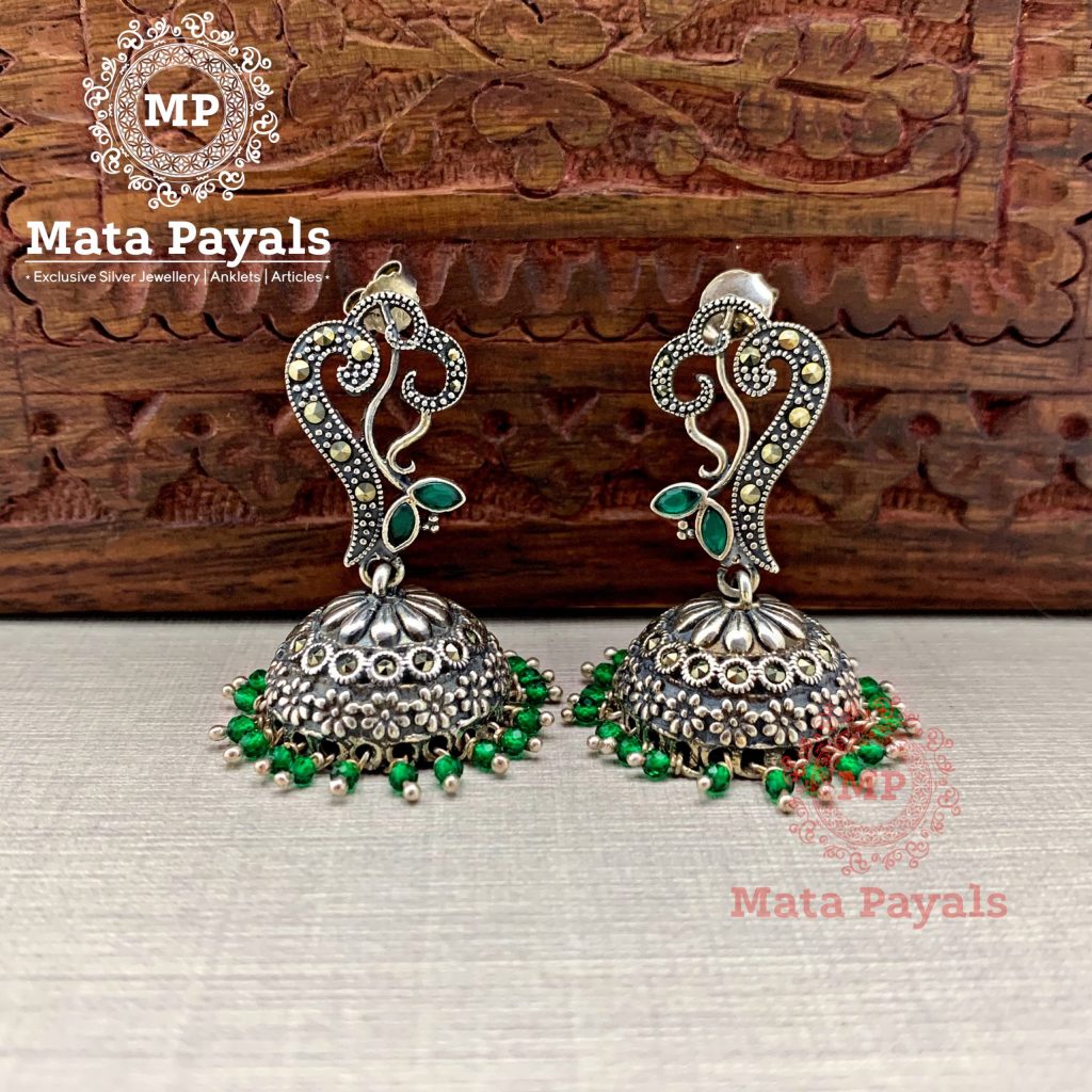 Elegant Marcasite Jade Beads Jhumka