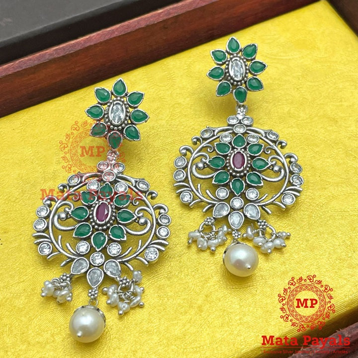 Enchanting Green Oxidised Silver Chandbali