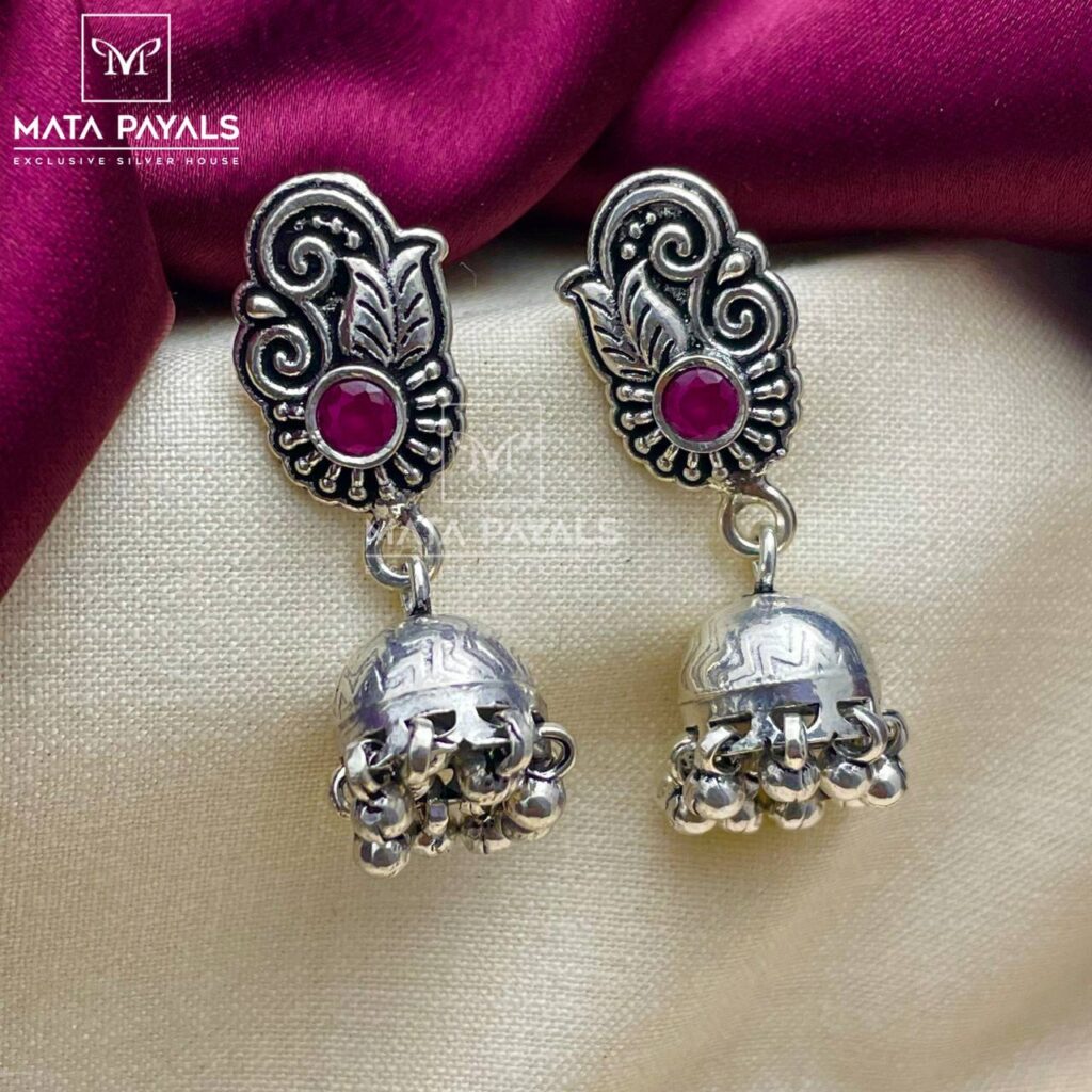 Floral Blossomy Silver Oxidised Jhumka