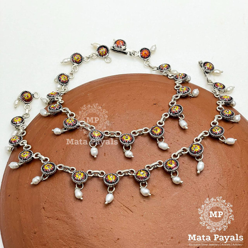 Floral Enamel Oxidised Anklet
