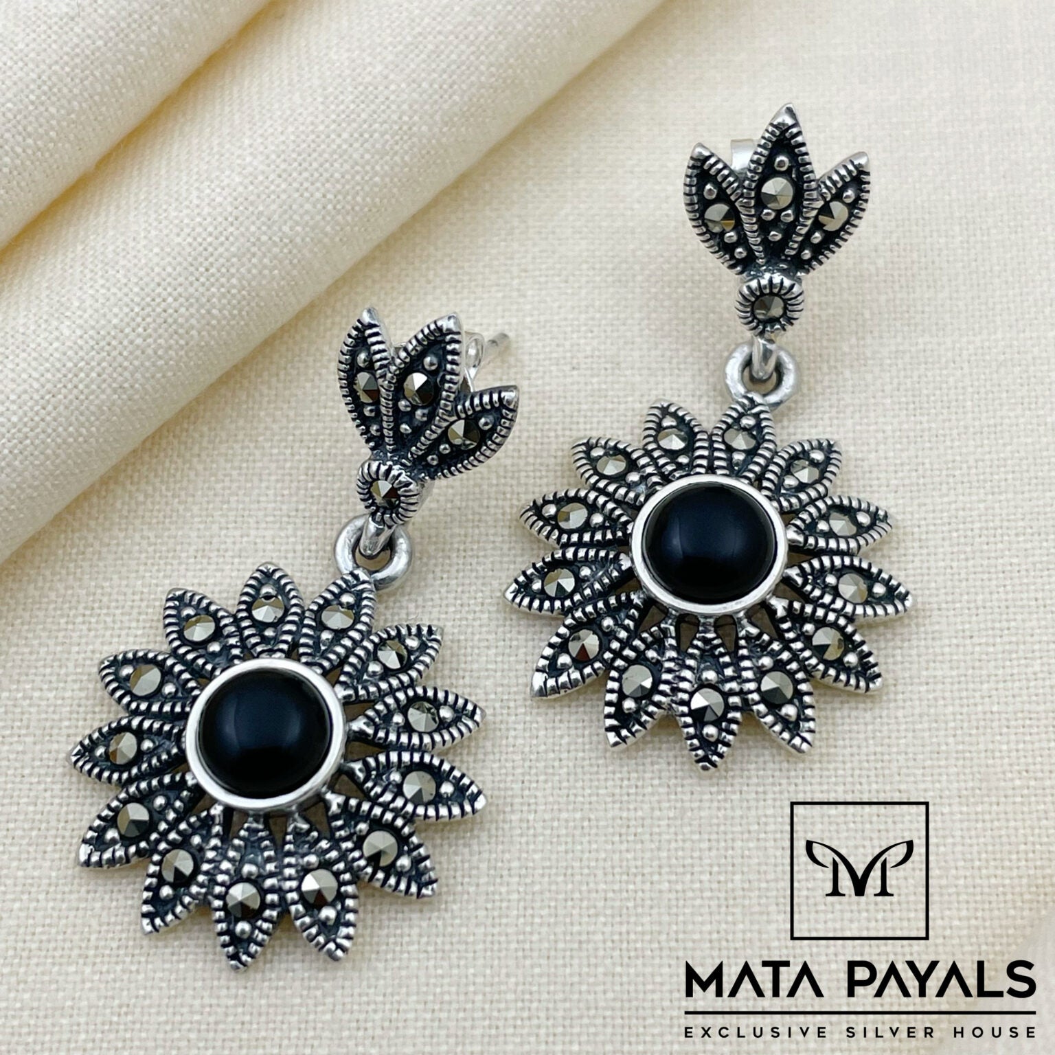 Floral Marcasite Hanging Earrings