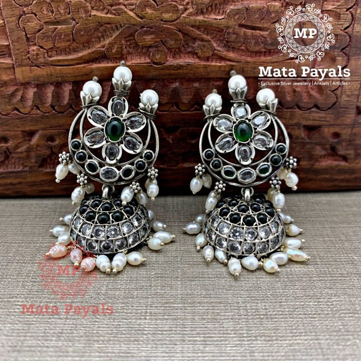 Floral White & Green Stone Jhumka