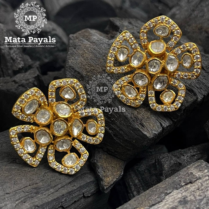 Glossy Polki Silver Gold Plated Stud