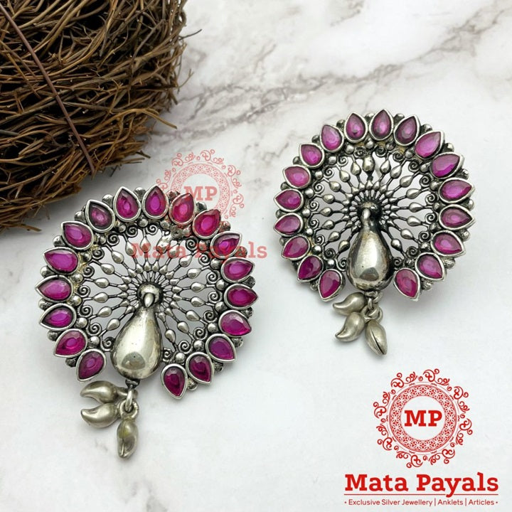 Majestic Pink Peacock Oxidised Stud