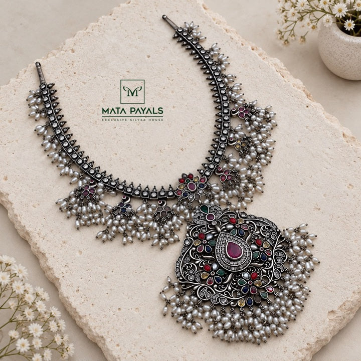 Audacious Floral Peacock Navratan Necklace