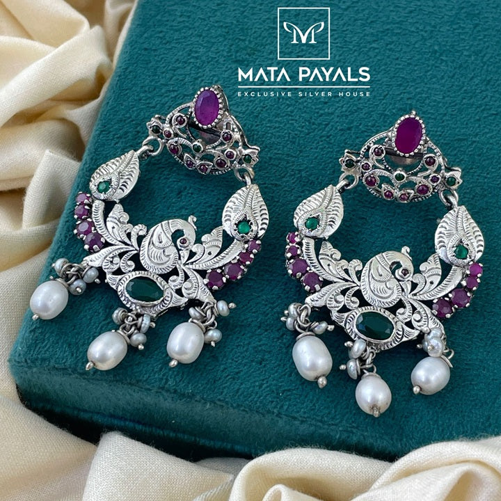 Charming Peacock Filigree Oxidised Chandbali