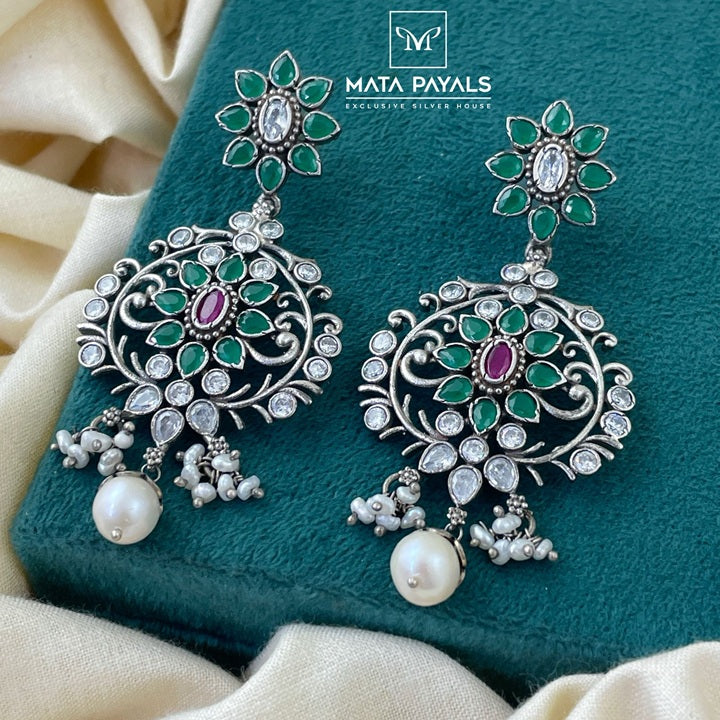 Enchanting Green Oxidised Silver Chandbali