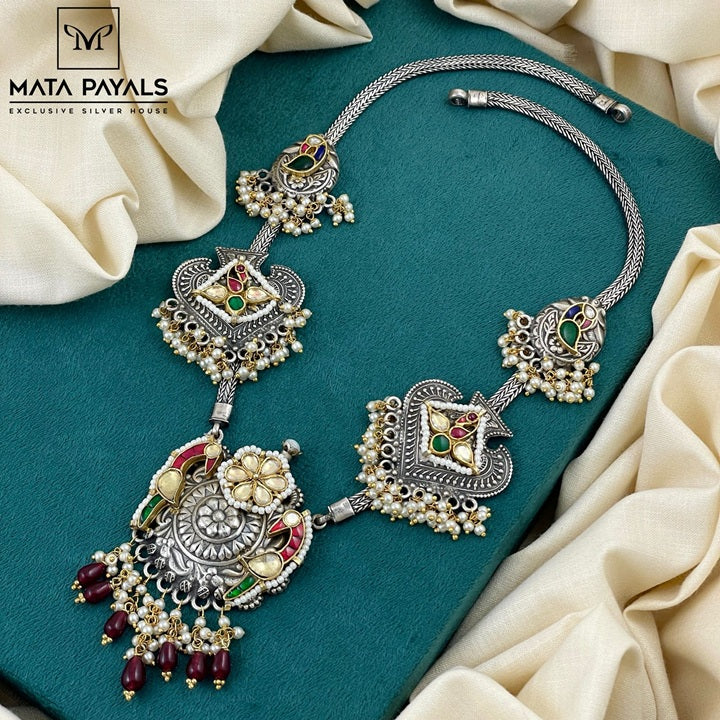 Peacock Kundan Oxidised Silver Necklace