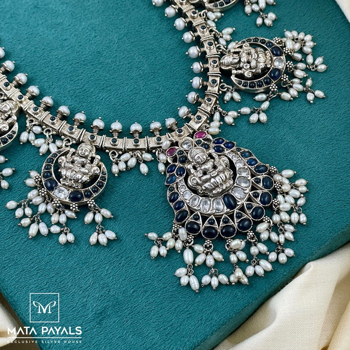 Gleaming Blue Maha Lakshmi Oxidised Necklace