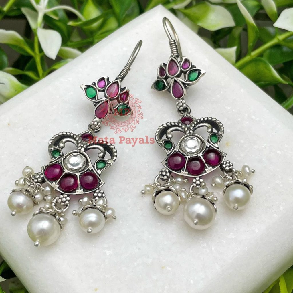 Pink Green Lotus Oxidised Earring