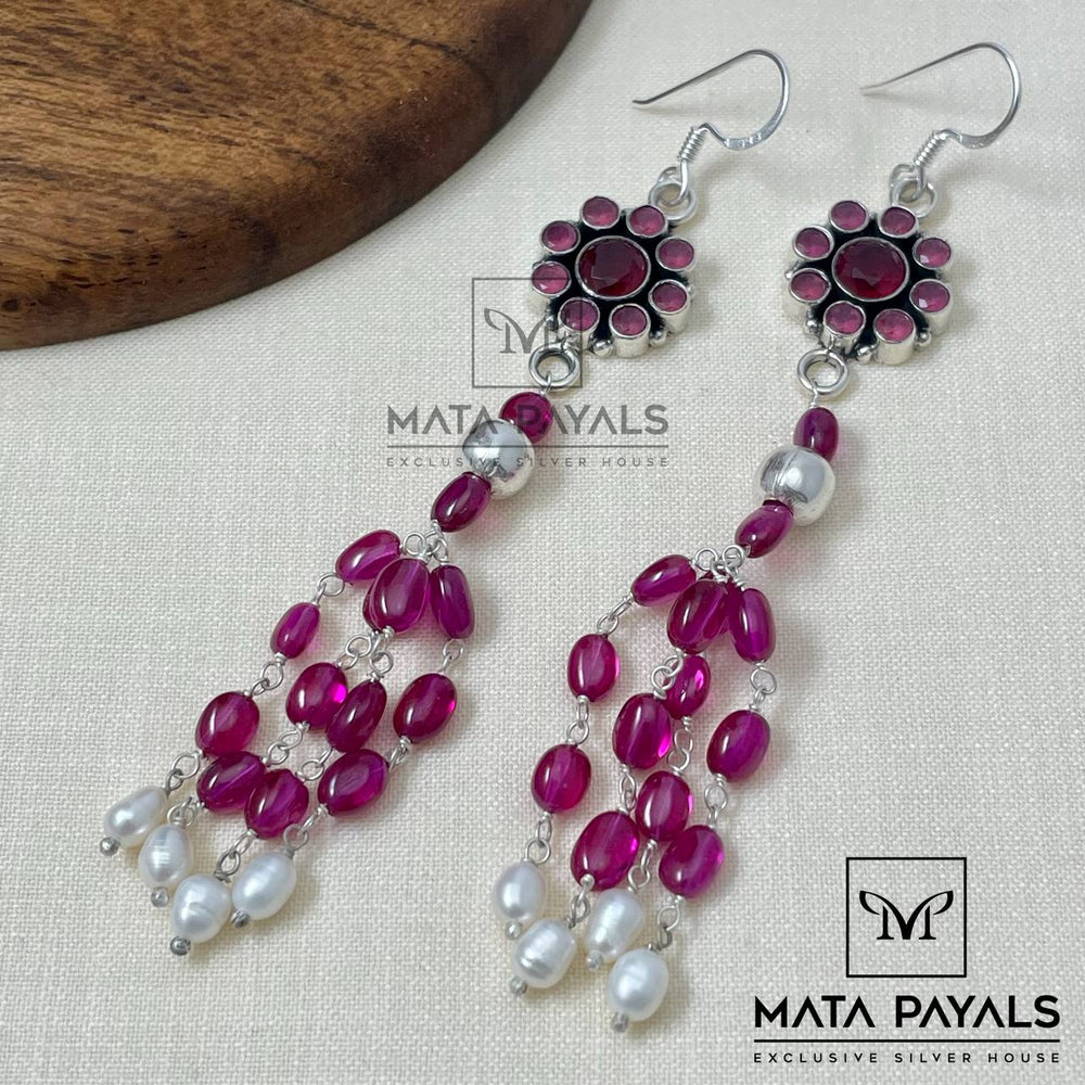 Pink Silver Oxidised Chandbali