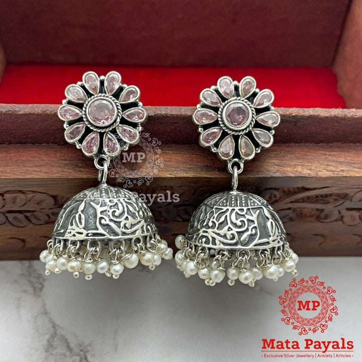 Pinkish Floral Filigree Oxidised Jhumka