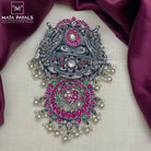 Royal Mayur Carved Mango Designed Oxidised Silver Pendant