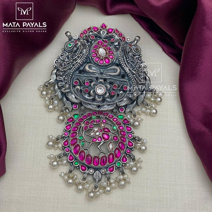 Royal Mayur Carved Mango Designed Oxidised Silver Pendant