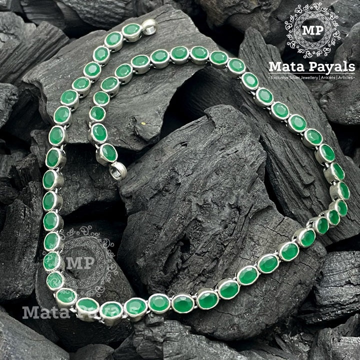 Sequential Green Oval Silver Oxidised Necklace