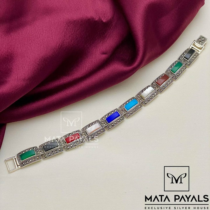 Squarey Colourful Marcasite Silver Bracelet