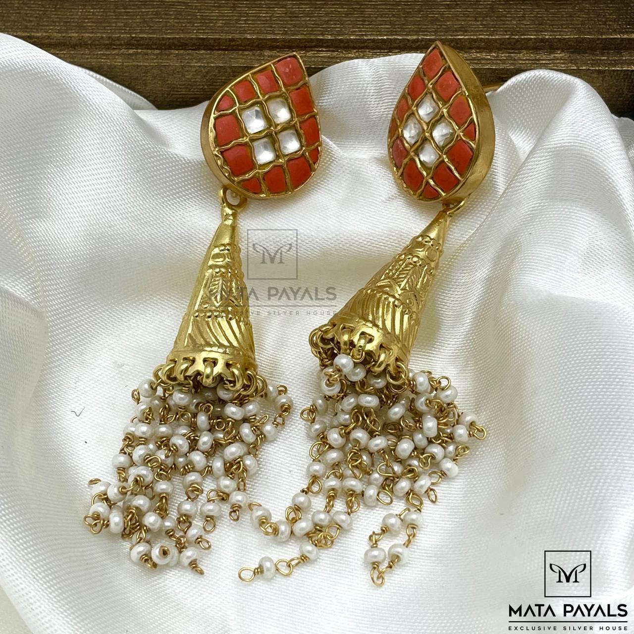 Tilak Designed Coral Pearl Hanging Jhumka