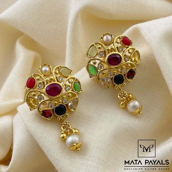 Ravishing Gold Plated Navarathna Stud