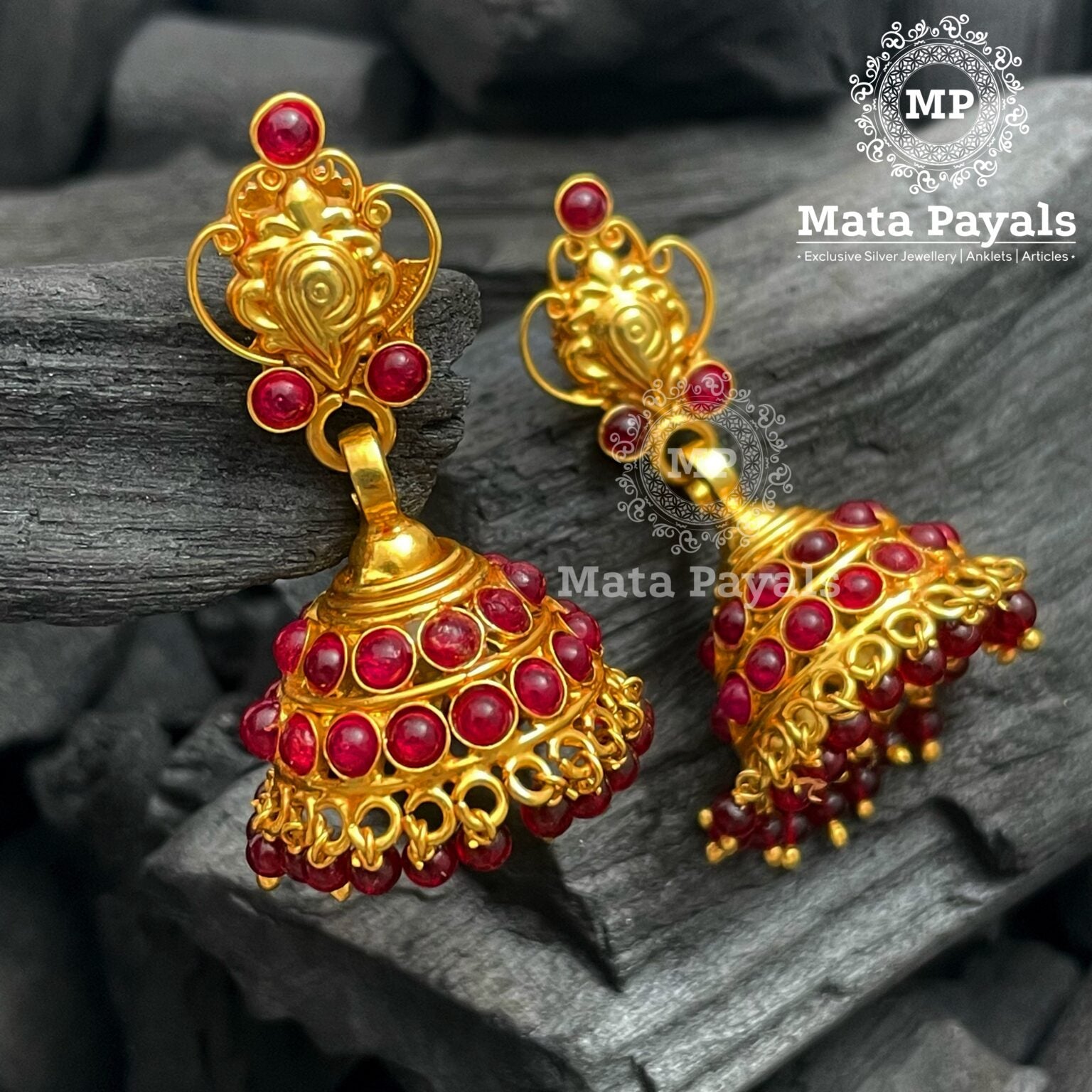 Traditional Red Spinel Gold Plated Jhumka