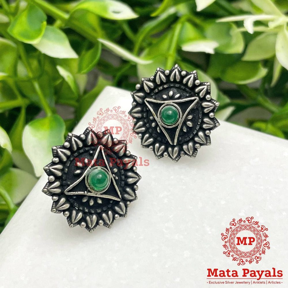 Tri Green Oxidised Silver Stud