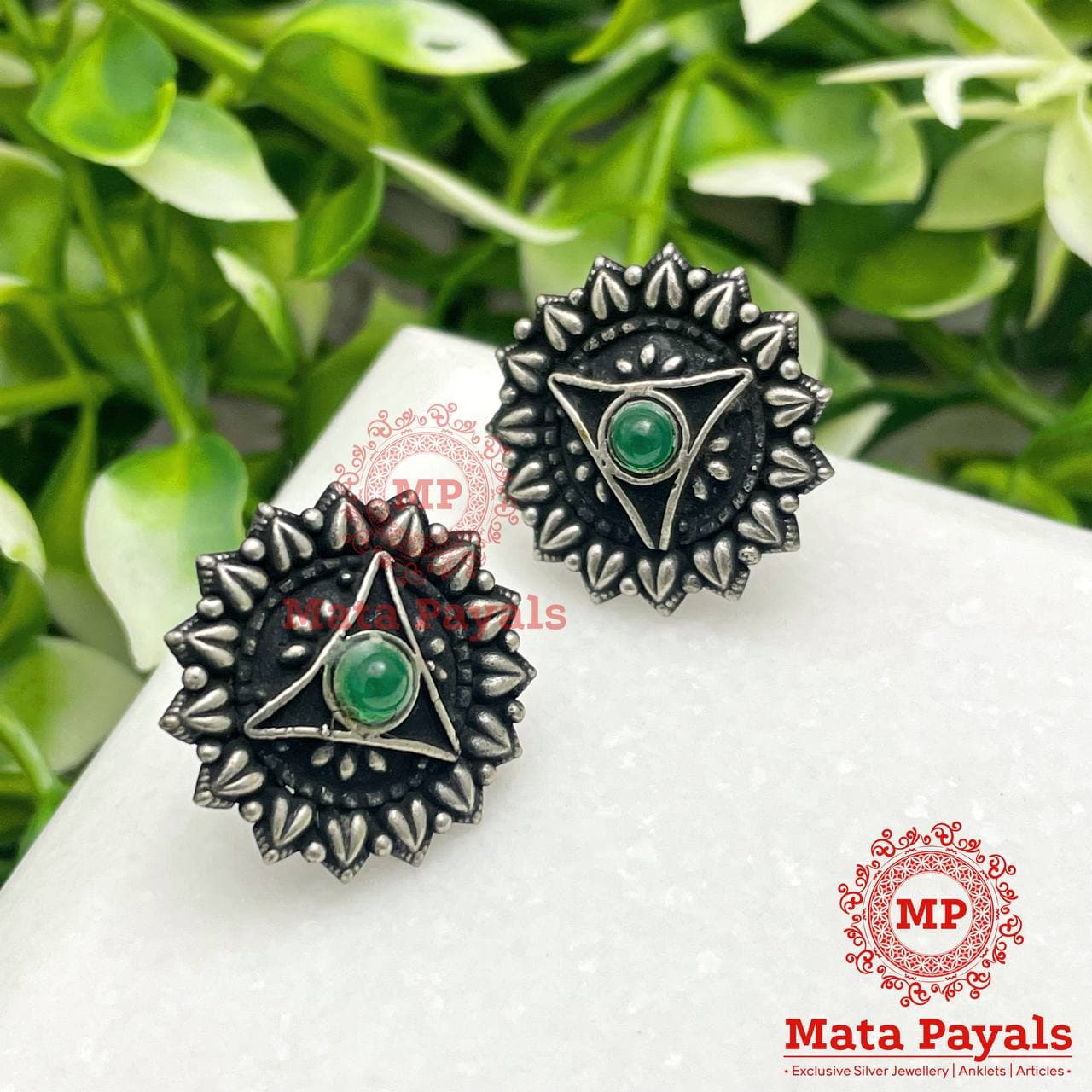Tri Green Oxidised Silver Stud