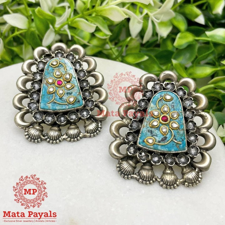 Turquoise Polki Oxidised Stud