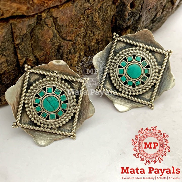 Turquoise Square Oxidised Stud