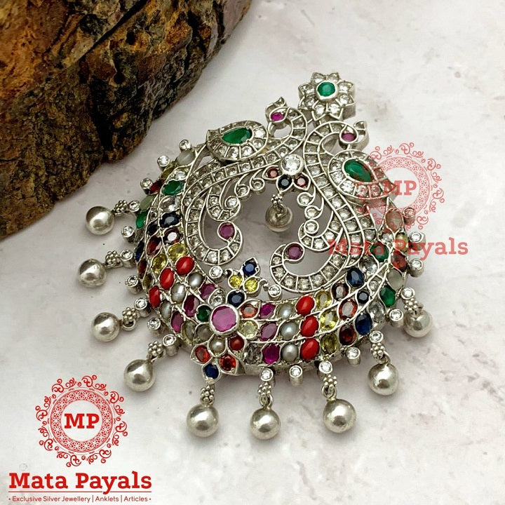 Twin Peacock Navratna Oxidised Pendant